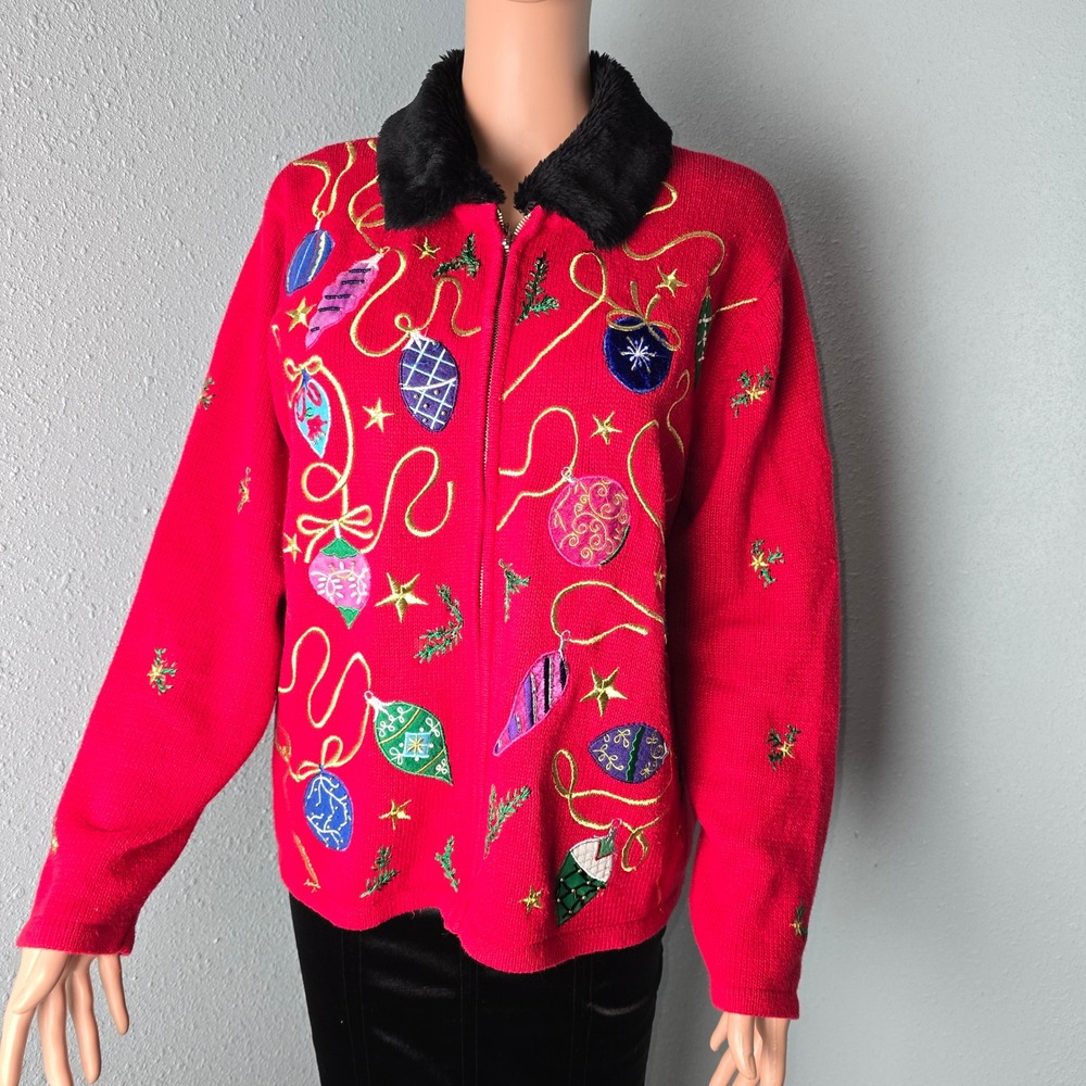 Rebecca Malone Women's Red Christmas Ornament Embroidered Zip Up Sweater Size L‎